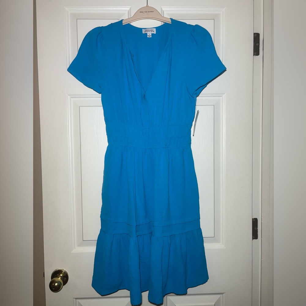 Tahari ASL Turquoise V-Neck Short Sleeve Tiered Dress